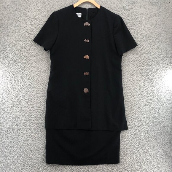 Vintage Jessica Howard Dress Women 8 Black Linen Blend Knee Jacket Animal Button - Picture 1 of 9